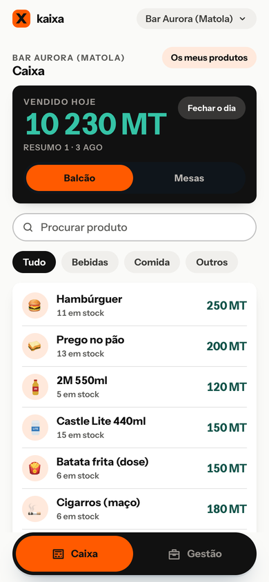 O ecra da caixa na kaixa, com o total do dia e a lista de produtos.